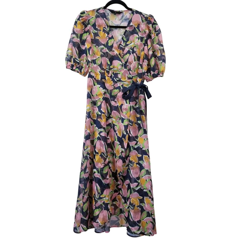 Abbey Glass Printed Sheer Wrap Maxi Dress Puff Sleeves